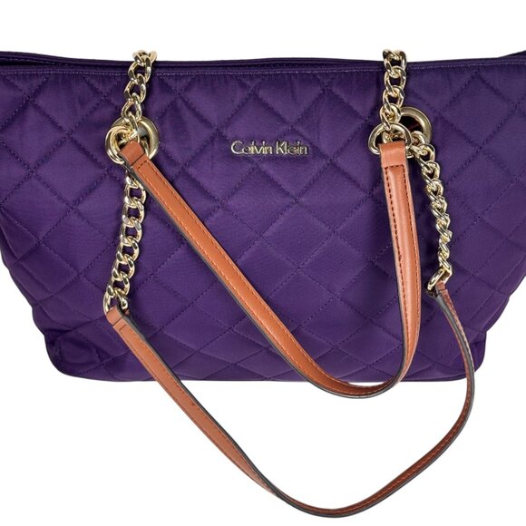 Calvin Klein Quilted Tote Bag Purple Chain Leather Handles Gold Hardware Preppy - Picture 4 of 14